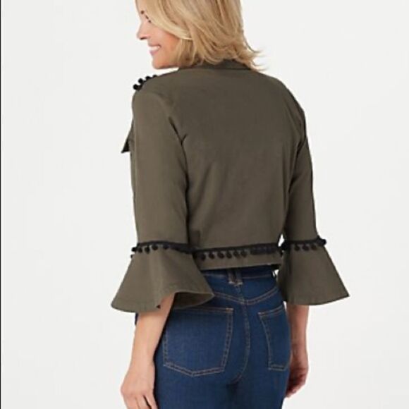 Du Jour Fashions Cropped Twill Olive Bell Sleeve Button Up Jacket w Pom Pom Trim - Picture 7 of 8